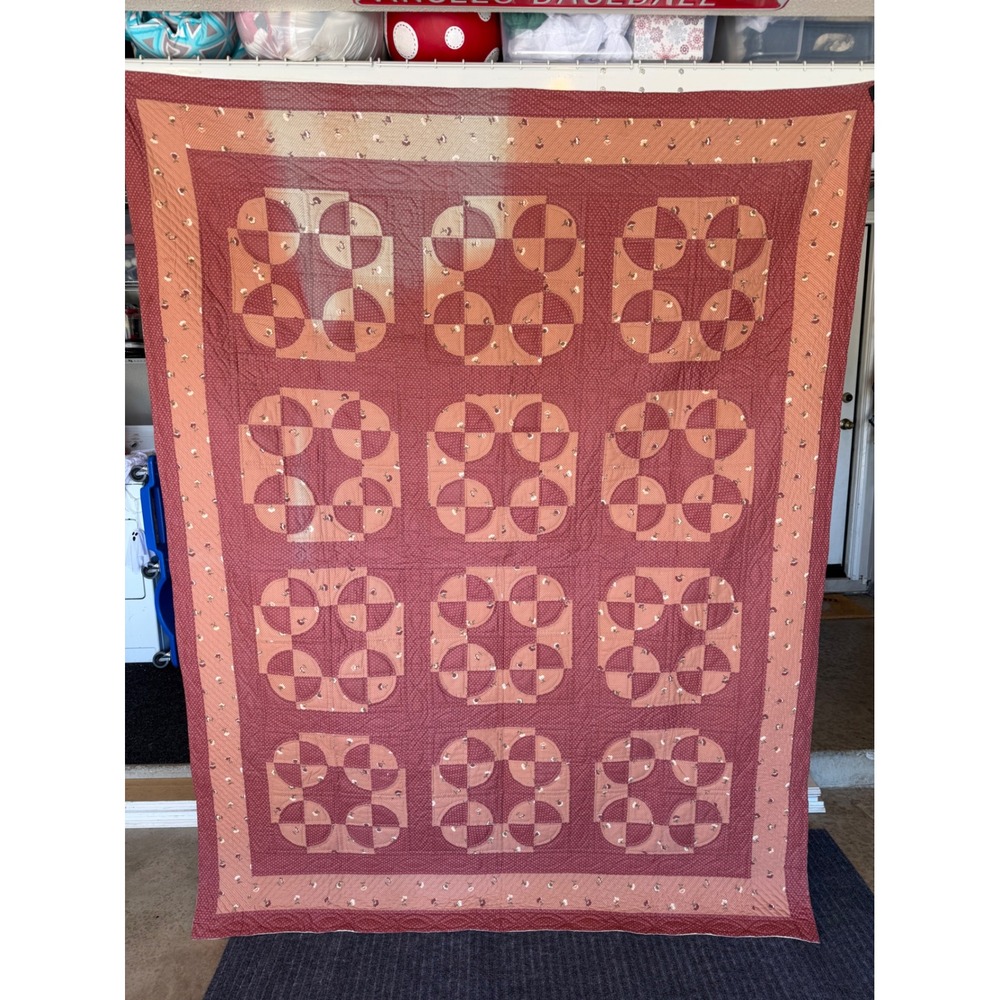 Vintage Handmade Patchwork Quilt Terracotta Rust Peach Geometric Floral 86x66